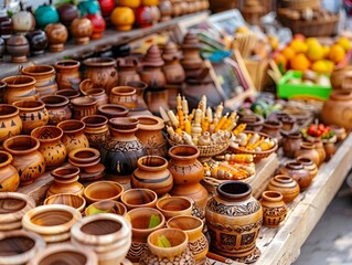 Fototapeta premium Wooden Carved Pots and Bowls at Market Stall.
