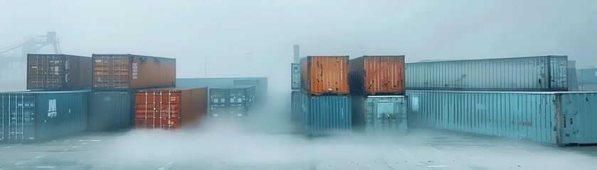 Ghostly shipping yard, spooky containers, eerie fog, Watercolor style