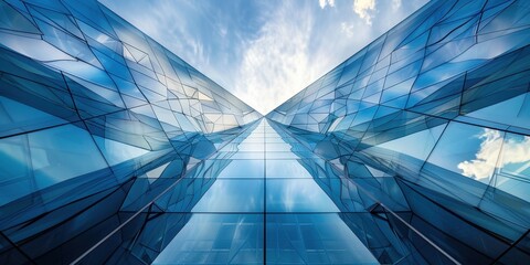 A blue sky with clouds and a reflection of buildings in the glass