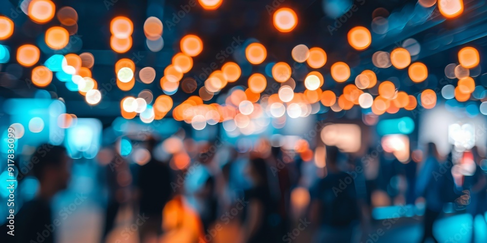 Poster corporate event with a blurred crowd of attendees, showcasing the energy of networking, interactive 
