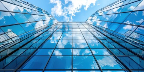 Obraz premium A tall building with a clear blue sky and clouds
