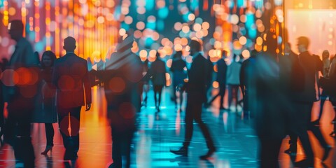 Dynamic corporate event scene with a blurred crowd of attendees mingling, exchanging ideas, and participating in lively discussions against a stylish event backdrop