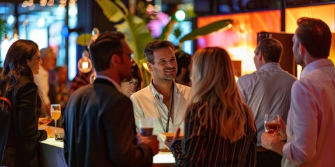 Corporate event with a soft-focus crowd, capturing the essence of networking, informal conversations, and a lively, modern ambiance in a high-profile event space