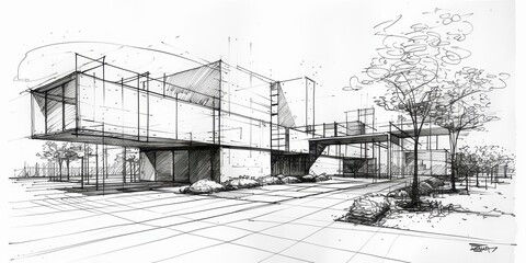 Fototapeta premium A drawing of a building with a tree in front of it