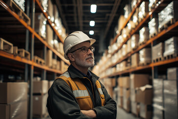 Experienced warehouse worker in a white helmet and yellow vest, standing in a large warehouse surrounded by tall shelves of boxes, with a thoughtful expression.