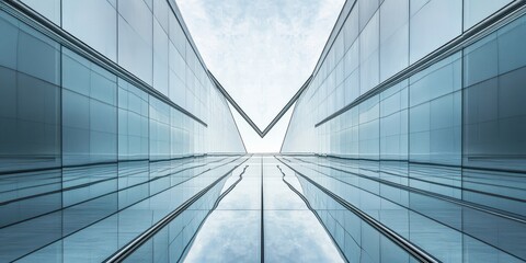 Obraz premium A long, narrow building with a reflection of the sky on its glass walls