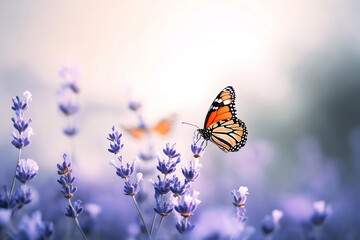 A butterfly on a lavender flower in soft focus, symbolizing beauty, delicacy, and the tranquility of nature in a serene environment.