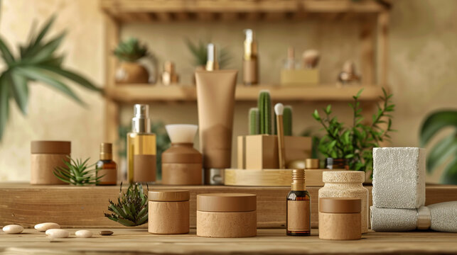 Mockup de cosm&eacute;tica natural y org&aacute;nica en un entorno r&uacute;stico con envases sostenibles y plantas decorativas