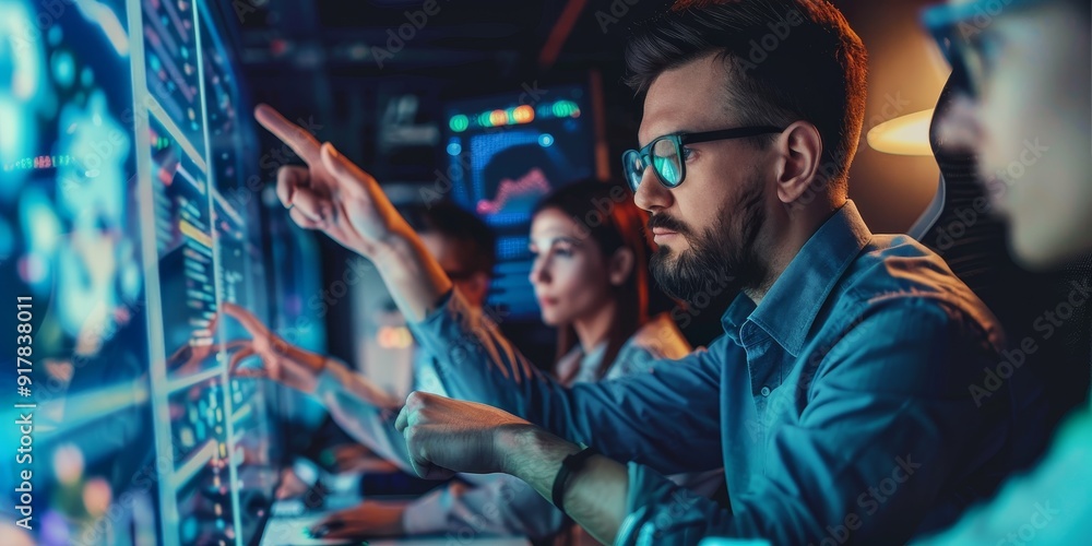 Poster Cybersecurity assessment scene with analysts using advanced tools to review security protocols, identify potential risks, and strengthen digital defenses