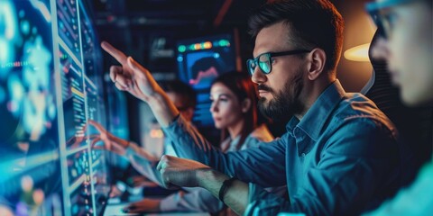 Obraz premium Cybersecurity assessment scene with analysts using advanced tools to review security protocols, identify potential risks, and strengthen digital defenses