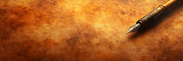 Artistic banner with calligraphy pen on parchment paper, warm background, and copy space for text at the bottom