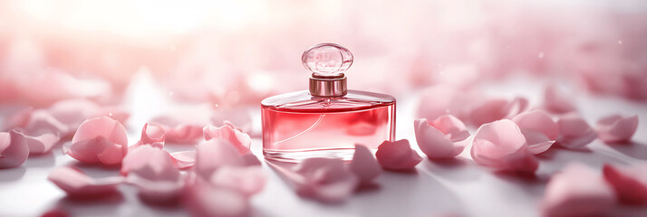 Beauty banner with minimalist perfume bottle, soft pink petals, and copy space on top