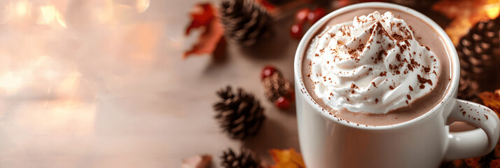 Drink banner with close-up of hot chocolate mug with whipped cream, warm autumn hues, and copy space on the left