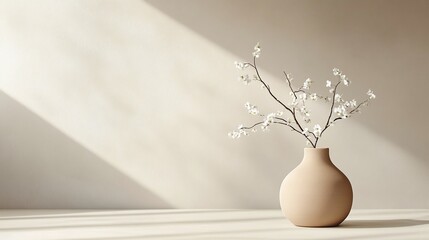 A minimalist interior space bathed in soft natural light, featuring a simple clay vase with delicate white branches on a serene background.