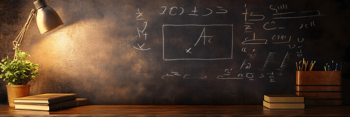 Education banner with chalkboard and simple equations, soft background, warm tones, and copy space at the bottom