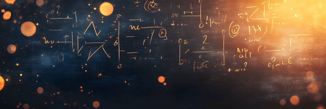Education banner with chalkboard and simple equations, soft background, warm tones, and copy space at the bottom