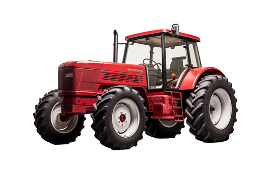 Fototapeta Agricultural red tractor on transparent background.  Topics related to the agricultural world. Image for graphic designer. Agricultural job offer. Organic farming Transparent background png cutouts.  
