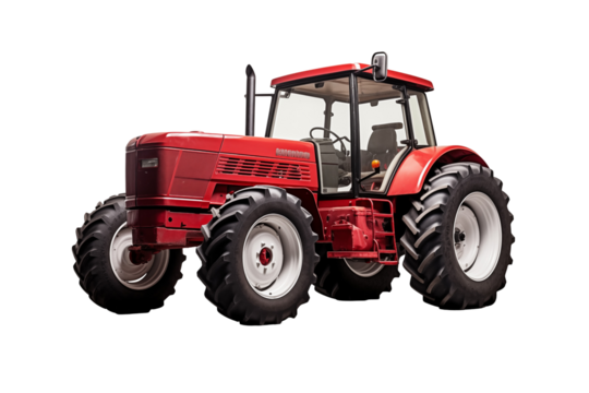 Agricultural red tractor on transparent background.  Topics related to the agricultural world. Image for graphic designer. Agricultural job offer. Organic farming Transparent background png cutouts. 
