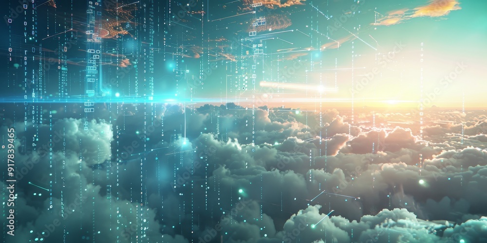 Leinwandbilder Futuristic representation of floating data in the sky, with vibrant digital codes and analytics icons suspended in a tranquil sky, illustrating advanced data solutions