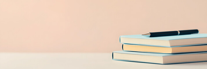 Fototapeta premium Education banner with minimalist stack of notebooks and pen, soft background, and copy space for text at the top