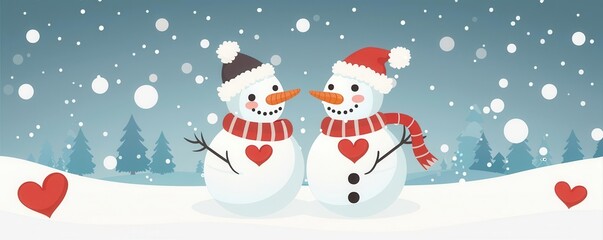 Illustration of cute snowmen wearing hats and scarves, surrounded by snowflakes and hearts, perfect for holiday and winter-themed projects.