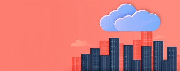 Illustration of modern city skyline with buildings and clouds on a red background, ideal for urban design concepts and digital art.