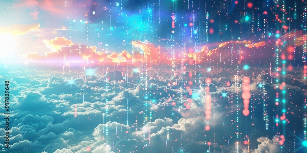Poster conceptual depiction of data streams floating in a clear sky, featuring vibrant digital codes and gr