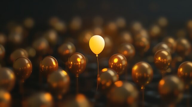 A single yellow balloon stands out from a crowd of golden balloons, symbolizing individuality and standing out from the crowd.