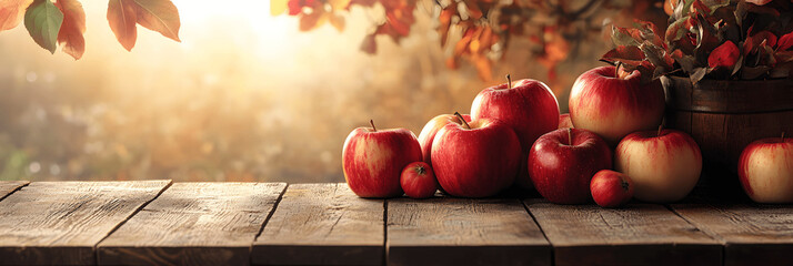 Food banner with freshly picked apples on rustic table, warm tones, soft background, copy space at top