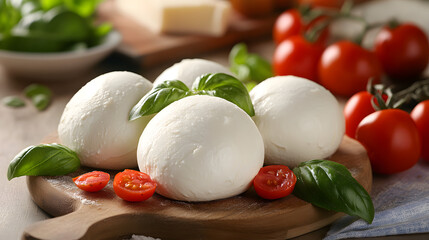 Large balls of Italian mozzarella di Bufala Campana on a chopping board with tomatoes and basil.