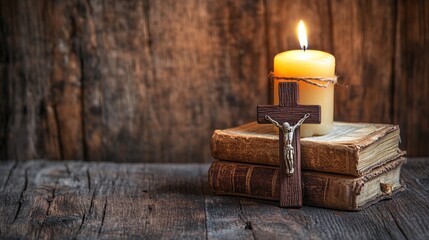 cross with bible and light of candle background on wooden table christian praying concept