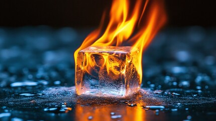 Naklejka premium Conceptual photograph of an ice cube engulfed in flames, symbolizing the contrast between fire and ice. Captivating image highlighting heat and cold dynamics