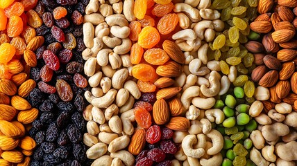 colorful assortment of nuts and dried fruits, detailed image highlighting a spread of hazelnuts, sunflower seeds, dried blueberries, and dried cranberries in a visually appealing arrangement