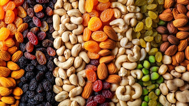 colorful assortment of nuts and dried fruits, detailed image highlighting a spread of hazelnuts, sunflower seeds, dried blueberries, and dried cranberries in a visually appealing arrangement