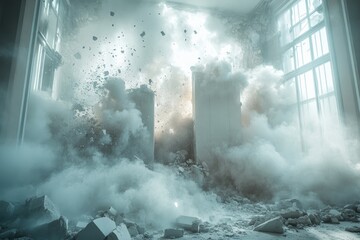 A cloud of dust and debris billowing from the destruction of a building