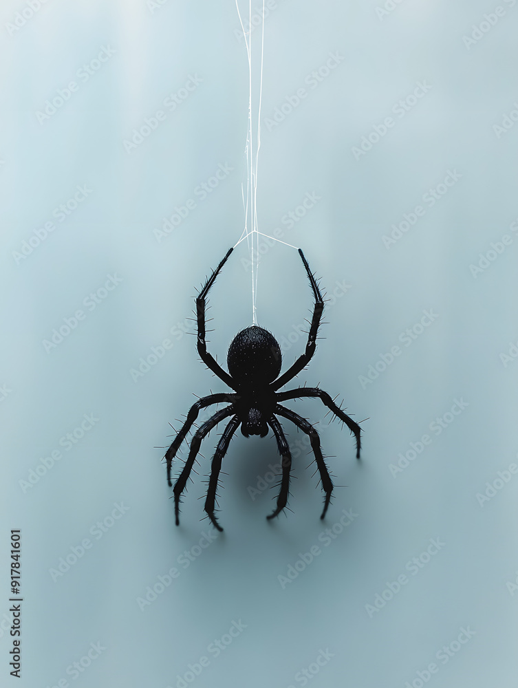 Canvas Prints a black spider is hanging from string
