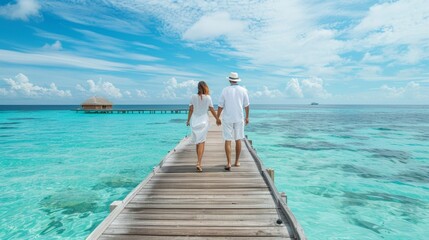 Happy couple in white summer clothing enjoying a romantic vacation stroll along a wooden pier extending over the crystal-clear turquoise waters of the indian ocean in the maldives, tropical travel des