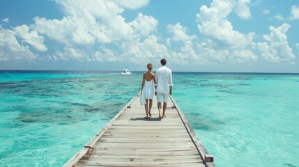 Happy couple in white summer clothing enjoying a romantic vacation stroll along a wooden pier extending over the crystal-clear turquoise waters of the indian ocean in the maldives, tropical travel des
