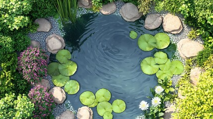 A serene pond surrounded by lush greenery and blooming flowers, creating a tranquil oasis perfect for relaxation.