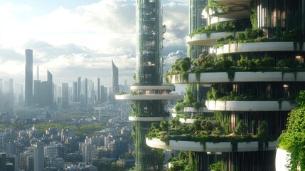 Obraz premium A Futuristic Skyscraper with Lush Green Gardens and a City Skyline in the Background