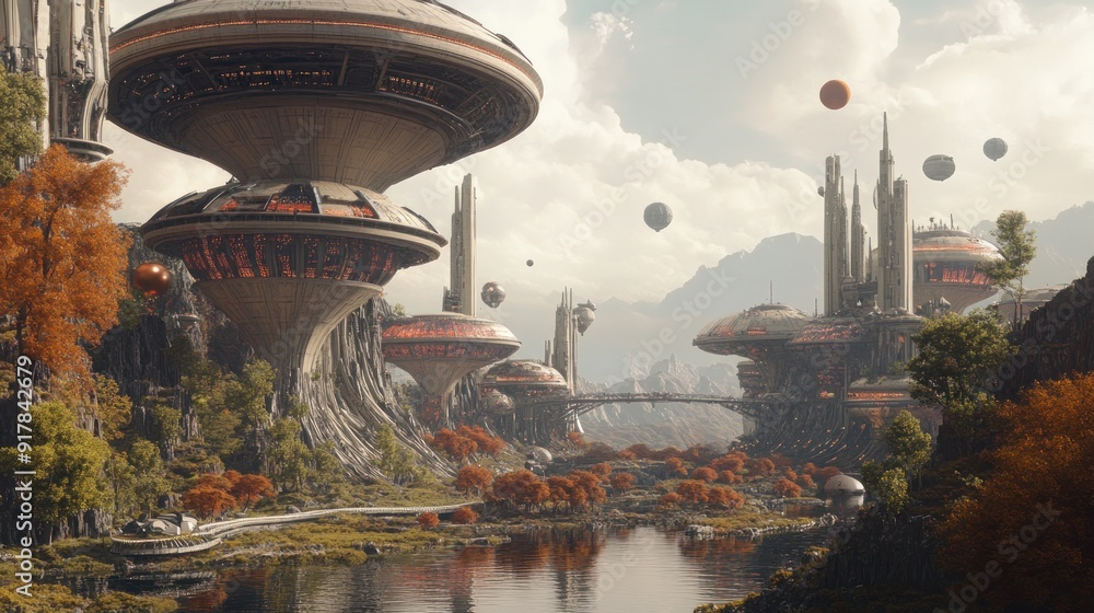 Poster futuristic cityscape with floating structures and trees by a river