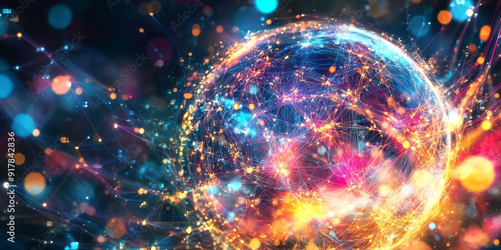 Poster digital representation of a globe enveloped by a web of vibrant, interwoven lines, emphasizing the e