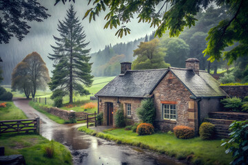 Fototapeta premium Rainy Day in the Countryside with a Traditional House.
