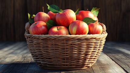 A wicker basket filled with red apples on a wooden table.