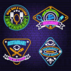 Fototapeta premium Set of Restaurant logo. Vector Illustration. Neon glowing sign with plate, steak, cloche with lid, fork and knife. Cooking, cuisine logo for menu restaurant or cafe.