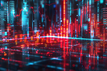 Business downfall, holographic price drop, futuristic economic collapse, neon tech background