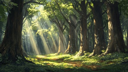 Obraz premium Sunbeams Filtering Through a Dense Forest Canopy