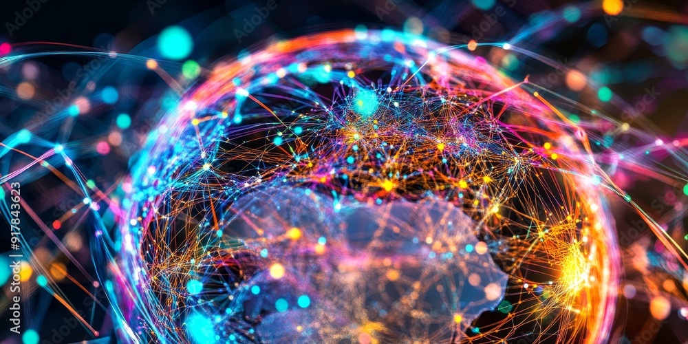 Poster digital globe wrapped in a vibrant mesh of interconnected lines, emphasizing the intricate network o