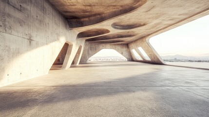3D render of abstract futuristic architecture with empty concrete floor