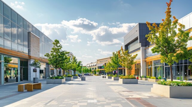 A large shopping center with a lot of trees and benches